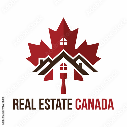 A contemporary logo showcasing a house silhouette inside a maple leaf, symbolizing real estate in Canada, blending national pride with home ownership and investments.