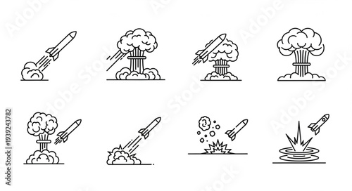 Set of missile launch and explosion icons in line art style.