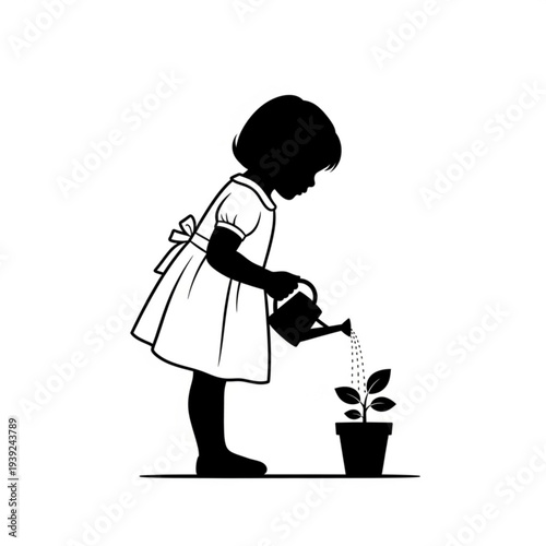 A black silhouette of a little girl watering a small plant in a pot with a watering can