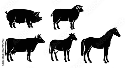 Farm Animals Silhouettes Collection: Pig, Sheep, Cow, Donkey, and Horse Icons
