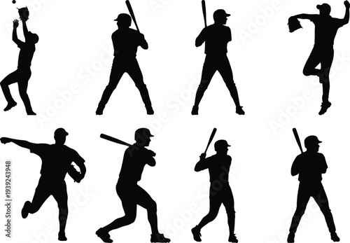 Compilation of eight black silhouette baseball players in energetic poses, depicting pitching, batting, and fielding, all set against a white background.