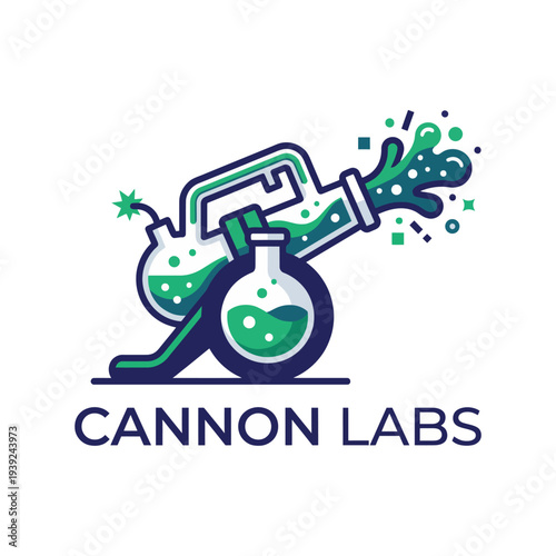 This logo features playful laboratory flasks spilling vibrant green liquid, symbolizing scientific experimentation and creativity in the field of research and development.