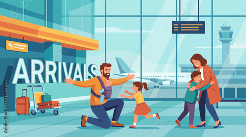 A joyful family reunion scene at an airport arrival area, capturing the happiness and affection shared between family members as they greet each other warmly.
