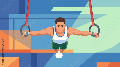 A striking illustration of an athlete performing a challenging routine on gymnastics rings, highlighting strength, precision, and determination in a vibrant artistic style.