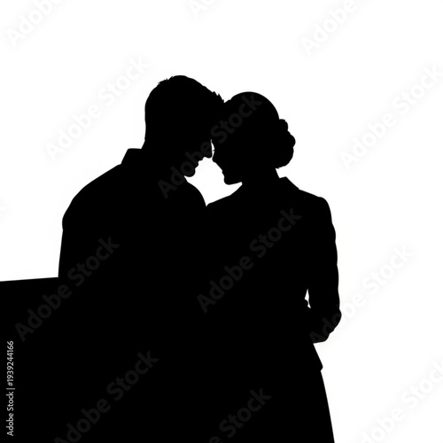 A romantic silhouette of a couple embracing and touching foreheads, with a simple white background