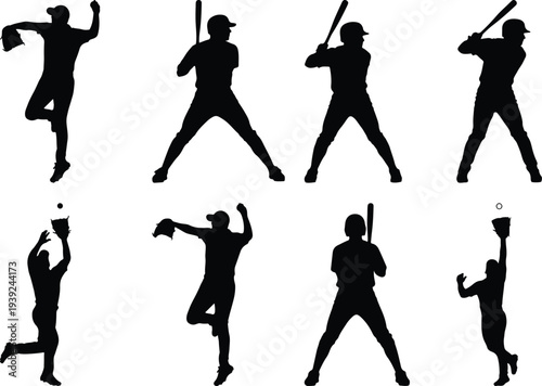 Group of eight black silhouette baseball players performing various actions like pitching, batting, and catching, presented on a white backdrop.