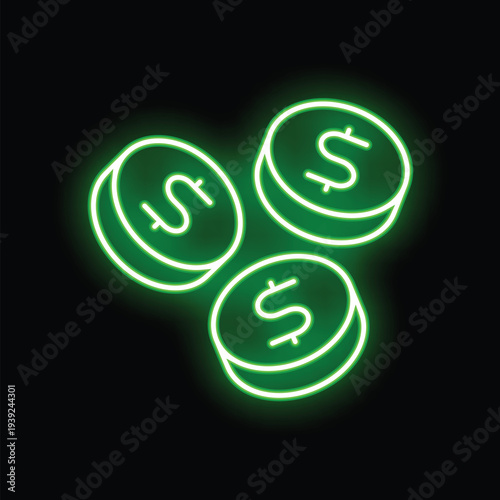 Green neon dollar coins are falling down on black background, concept of winning, earning or gambling