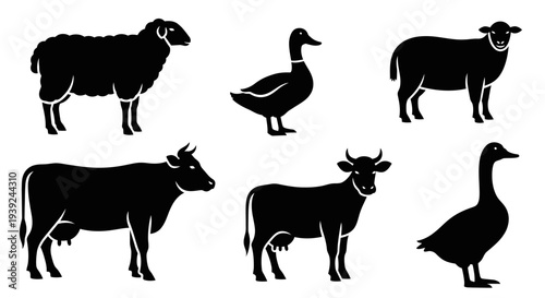 Farm Animals Silhouettes Collection: Sheep, Cows, and Ducks Livestock Icons
