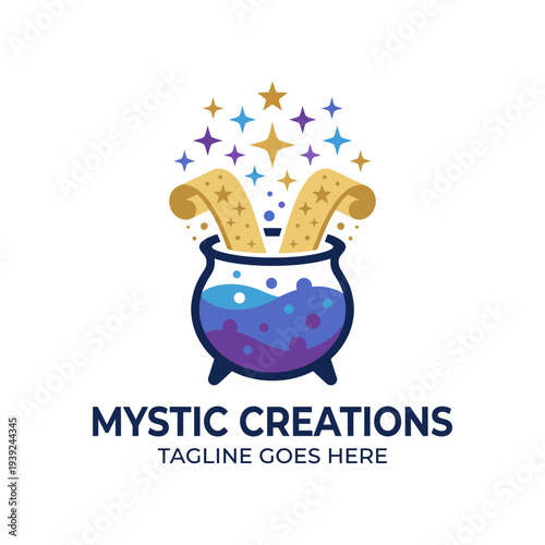 This vibrant logo represents a cauldron bubbling with colorful, sparkling elements, symbolizing creativity and magic, ideal for brands focused on art, crafts, or enchantment.