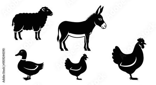Farm Animals Silhouettes Collection: Sheep, Donkey, Duck, and Chickens