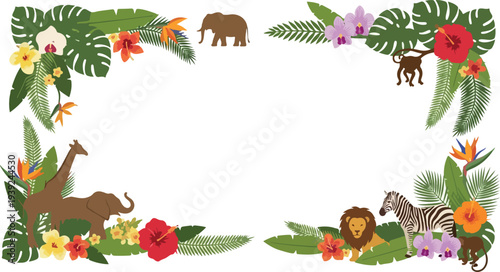 Vibrant Jungle Border with Exotic Flora and Fauna Featuring Elephants, Giraffes, Lions, Zebras, Monkeys, and Tropical Flowers