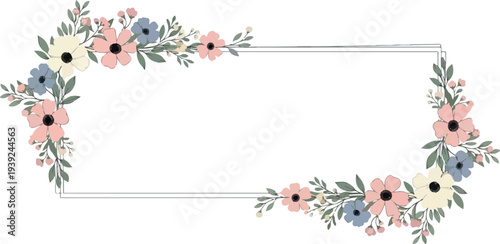 Elegant Floral Frame with Delicate Blossoms and Green Leaves, Perfect for Invitations and Decorations