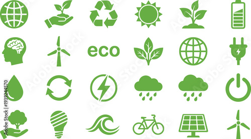 Collection of eco friendly icons on for sustainable living and green energy concepts