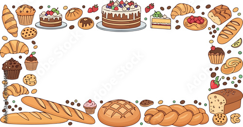 Delicious Bakery Border Featuring Assorted Baked Goods Like Bread, Cakes, Croissants, and Pastries, Perfect for Food-Related Designs