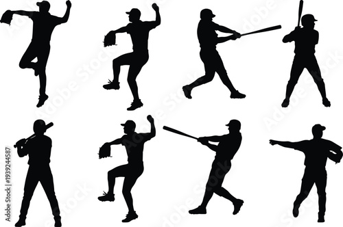 Eight distinct black silhouette representations of baseball players performing key actions like pitching, batting, and fielding, isolated on white.