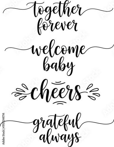 Elegant black and white calligraphy signs for various occasions and sentiments