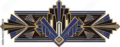 Striking Art Deco ornamental design featuring geometric shapes in shades of blue, gold, and black, symbolizing elegance and vintage style