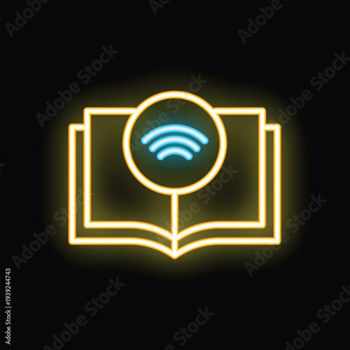 Bright neon icon of an open book with wifi signal representing online education, e learning and new technologies