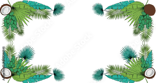 Tropical Corner Frame with Coconuts and Palm Leaves, Perfect for Summer Greetings and Decorations