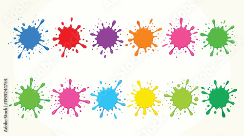 Colorful paint splatters in various vibrant hues on a cream background