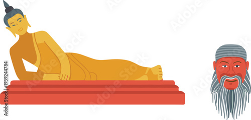 Flat design illustration of a reclining golden Buddha statue and a red-faced man with a grey beard and striped hat on a white background