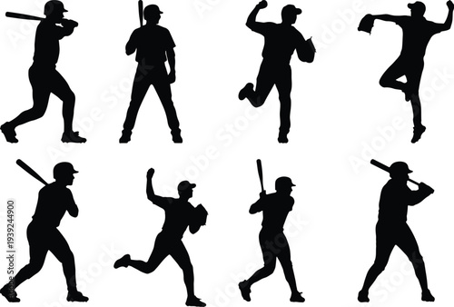 Diverse group of eight black silhouette baseball players captured in mid-action poses, showcasing the sport's energy and athleticism.