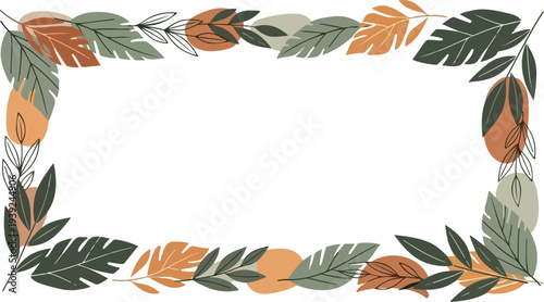 Autumnal botanical decorative border with stylized leaves and fruit shapes in warm earthy tones suitable for seasonal invitations and design projects