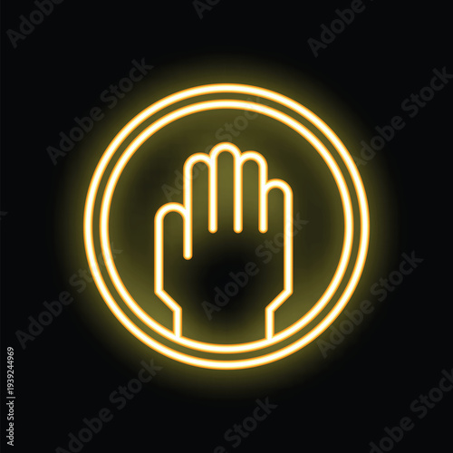 Bright yellow neon sign showing a hand with its palm facing out, signaling to stop