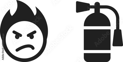 Black icons of angry flame face and fire extinguisher on for safety concepts