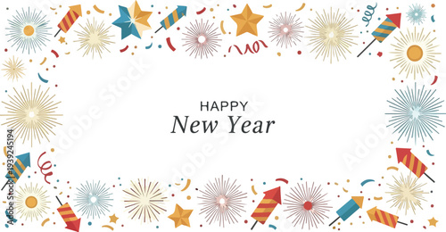 Happy New Year celebratory fireworks and confetti border design for festive greetings and holiday announcements