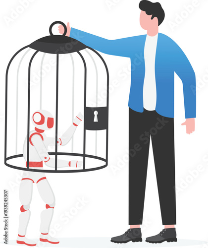 Professional Guarding Robot Assistant Inside Cage