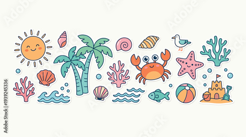 Colorful illustration of various sea creatures and beach elements on a with a tropical feel
