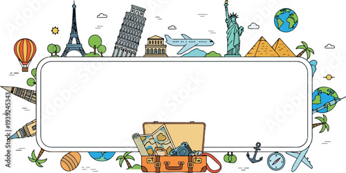 Iconic World Landmarks and Travel Essentials Create a Whimsical Travel Adventure Collage Frame