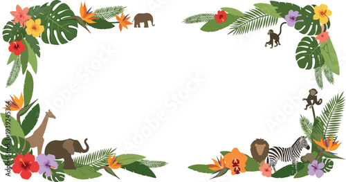 Exotic Animals and Lush Tropical Foliage Border Illustration