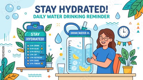 Woman reminding herself to stay hydrated with daily water drinking schedule