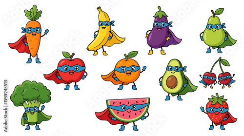 Colorful cartoon fruits and vegetables designed as superhero characters with capes and masks. Cute healthy food mascots perfect for kids education, stickers, posters, and healthy lifestyle campaigns.