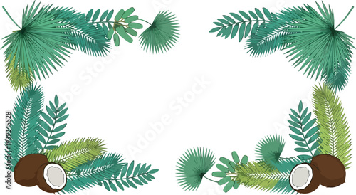 Tropical coconut and palm leaf border design with lush green foliage, perfect for summer and travel themes