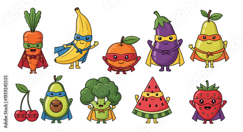 Colorful cartoon fruits and vegetables designed as superhero characters with capes and masks. Cute healthy food mascots perfect for kids education, stickers, posters, and healthy lifestyle campaigns.