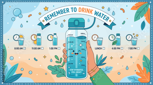 Colorful reminder to drink water throughout the day for better hydration