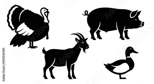Farm Animals Silhouettes Collection: Turkey, Pig, Goat, and Duck Icons