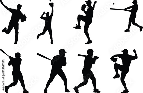 Set of eight black silhouette illustrations depicting baseball players performing different actions on a white background.