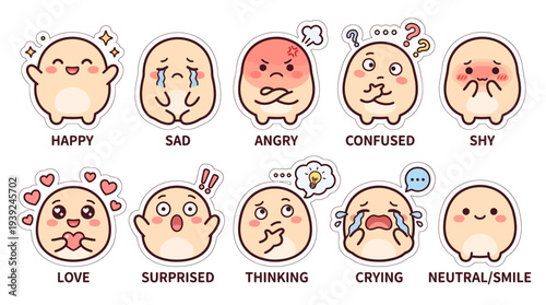 Adorable kawaii cartoon character showing multiple emotions including happy, sad, angry, surprised, confused, and love. Perfect for stickers, messaging apps, social media reactions, and children's ill