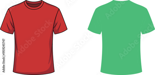 Front View of Red and Green Short- Sleeved T- Shirts Side by Side on White Background t-shirt red t-shirt