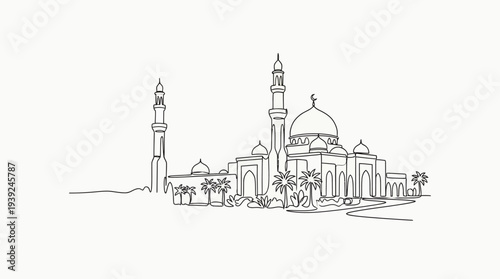 Serene mosque with palm trees and minarets in desert landscape
