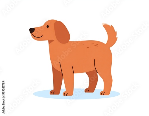 A simple illustration of a dog standing on a light blue circle, with a happy expression. It has a curled tail
