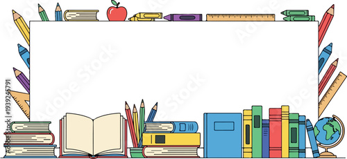 Border design featuring books, pencils, and school supplies on a white background, perfect for educational or creative projects