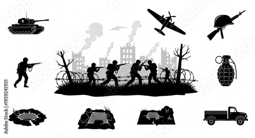 Military conflict scene with soldiers tanks and aircraft silhouettes.