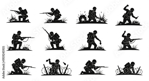 Collection of Soldier Silhouettes in Combat Poses.