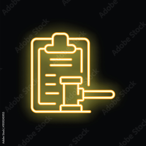 Yellow neon icon of auction law legal document with gavel glowing on dark background