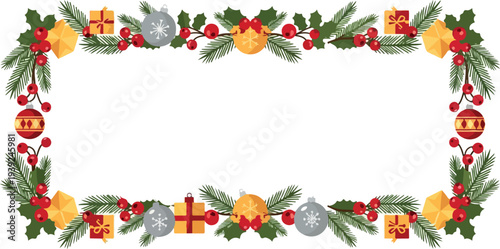 Festive Christmas Wreath Border with Ornaments, Holly Berries, and Gifts for Holiday Decorations